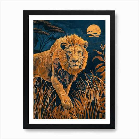 African Lion Relief Illustration Ni Framed Wall Art Poster Canvas Print Picture