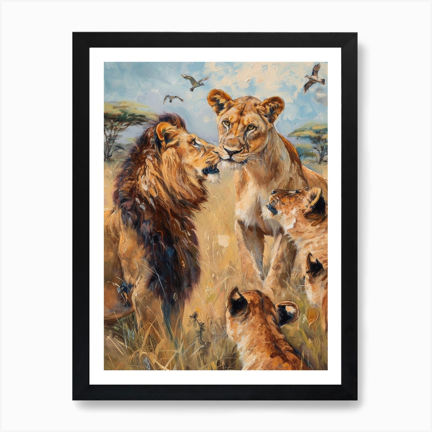 African Lion Interaction With Other Framed Wall Art Poster Canvas Print Picture
