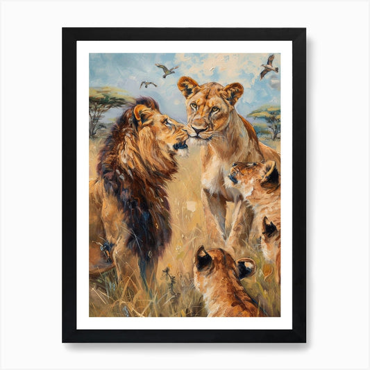African Lion Interaction With Other Framed Wall Art Poster Canvas Print Picture