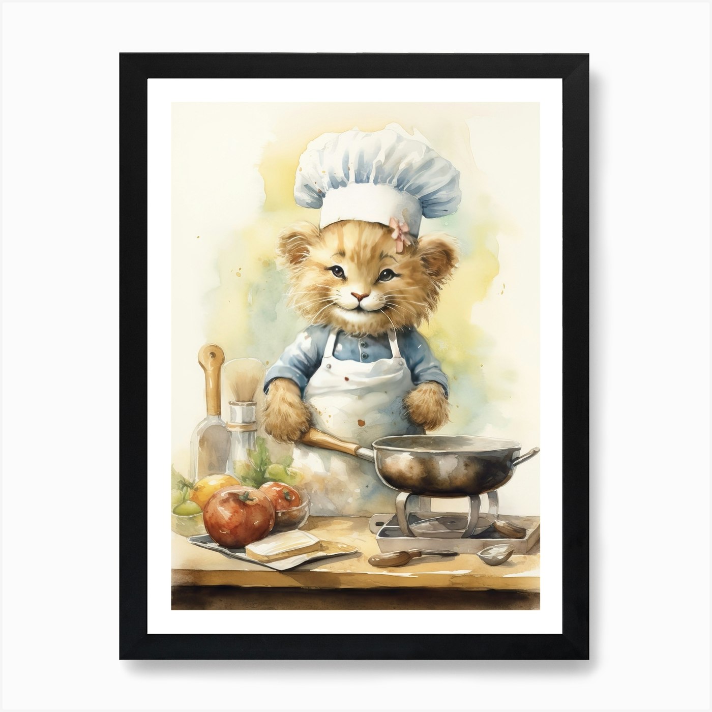 Cooking Watercolour Lion Art Painti Framed Wall Art Poster Canvas Print Picture