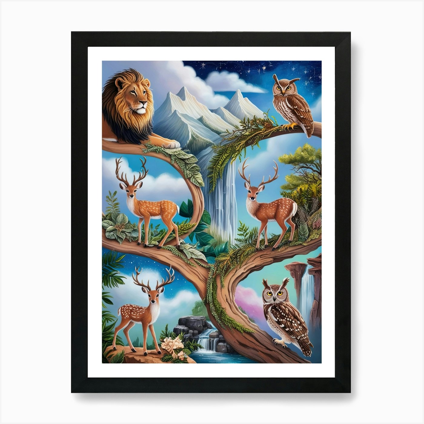 Lions And Deer Art Art Print Framed Wall Art Poster Canvas Print Picture