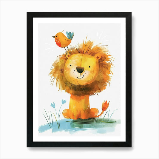 Small Joyful Lion With A Bird On It Framed Wall Art Poster Canvas Print Picture