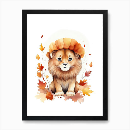 Lion Watercolour In Autumn Colours  Framed Wall Art Poster Canvas Print Picture
