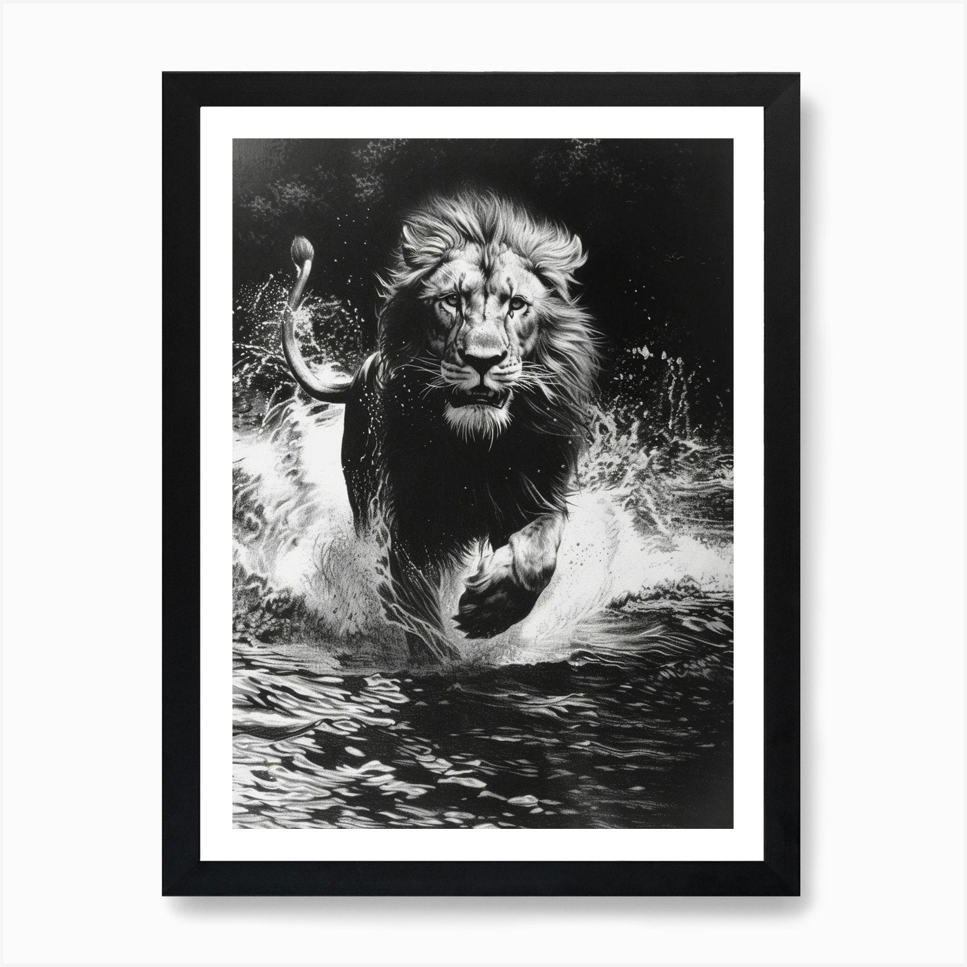 African Lion Charcoal Drawing Cross Framed Wall Art Poster Canvas Print Picture