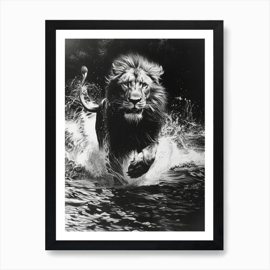 African Lion Charcoal Drawing Cross Framed Wall Art Poster Canvas Print Picture