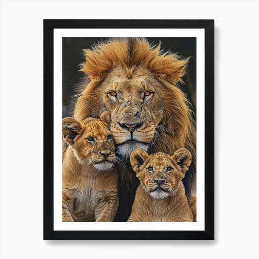 Barbary Lion Family Bonding Acrylic Framed Wall Art Poster Canvas Print Picture