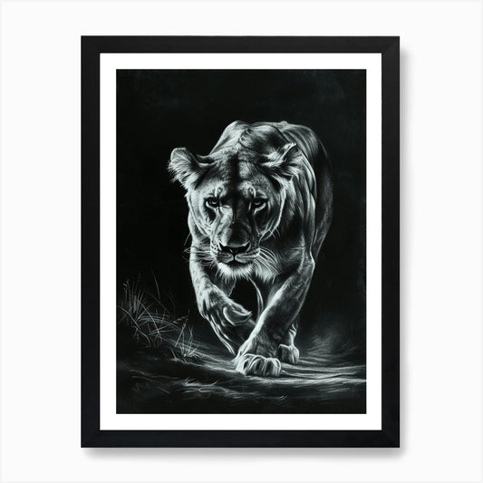 African Lion Charcoal Drawing Lione Framed Wall Art Poster Canvas Print Picture