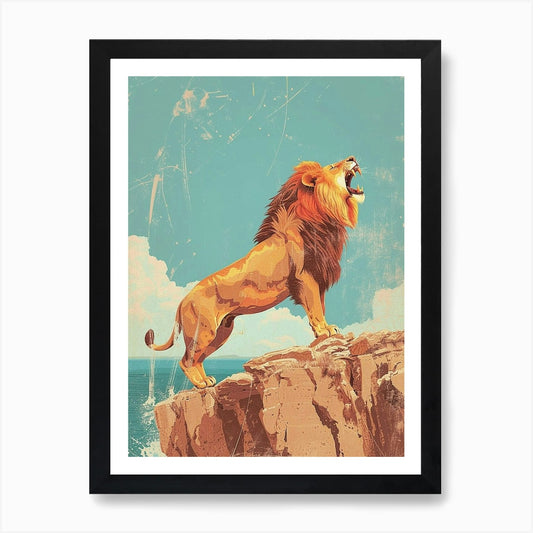 Barbary Lion Roaring On A Cliff Ill Framed Wall Art Poster Canvas Print Picture