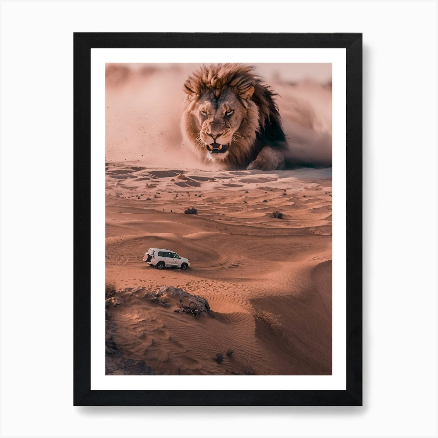 Giant Lion And 4x4 In The Desert Ar Framed Wall Art Poster Canvas Print Picture