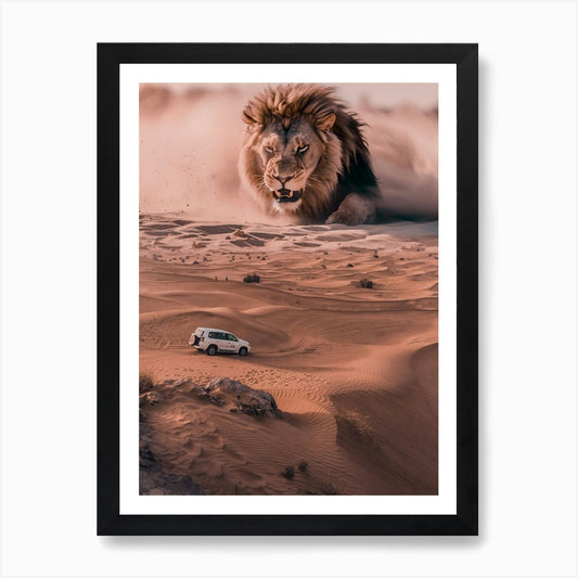Giant Lion And 4x4 In The Desert Ar Framed Wall Art Poster Canvas Print Picture