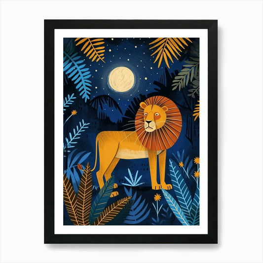 African Lion Night Hunt Illustratio Framed Wall Art Poster Canvas Print Picture