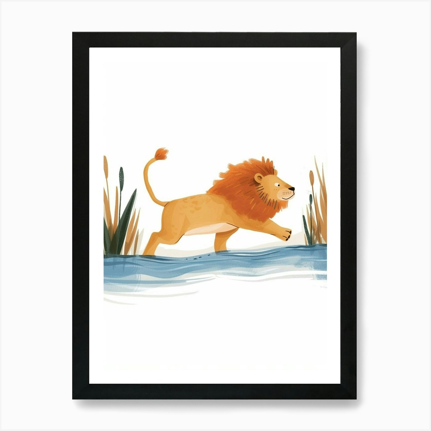 African Lion Crossing A River Clipa Framed Wall Art Poster Canvas Print Picture