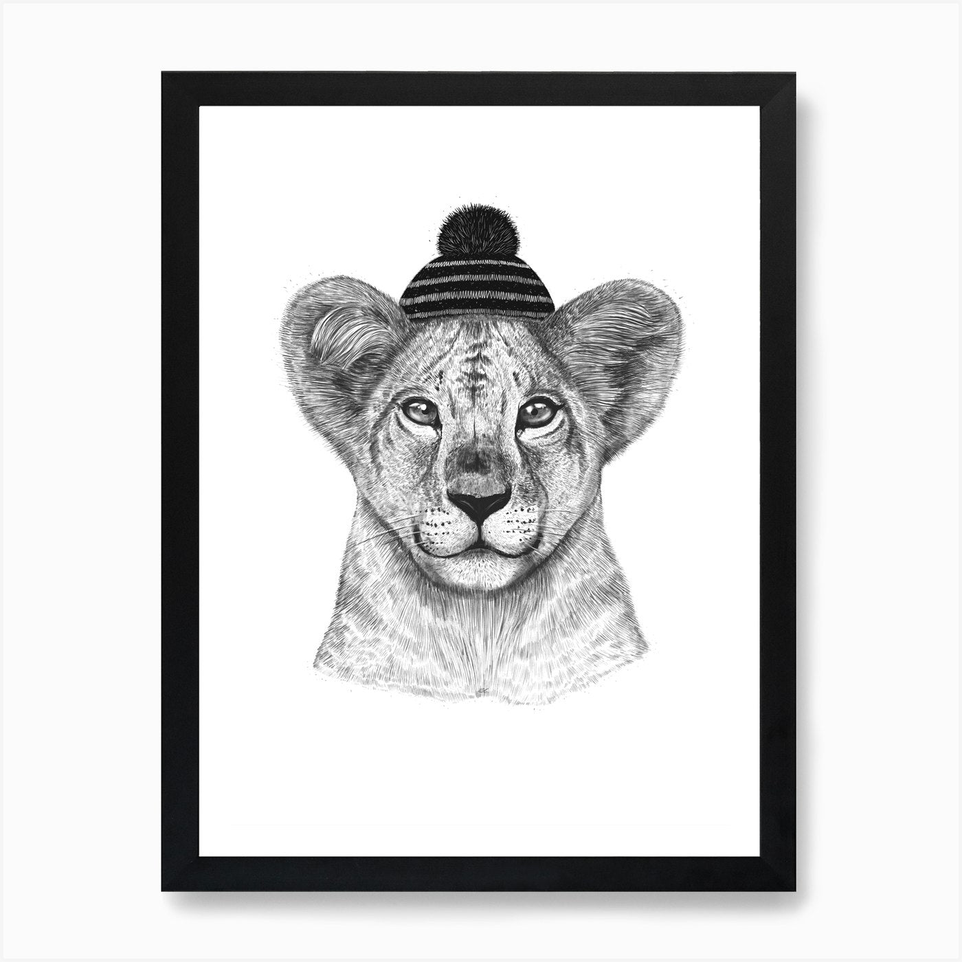 Kid Lion In Winter Hat Art Print Framed Wall Art Poster Canvas Print Picture