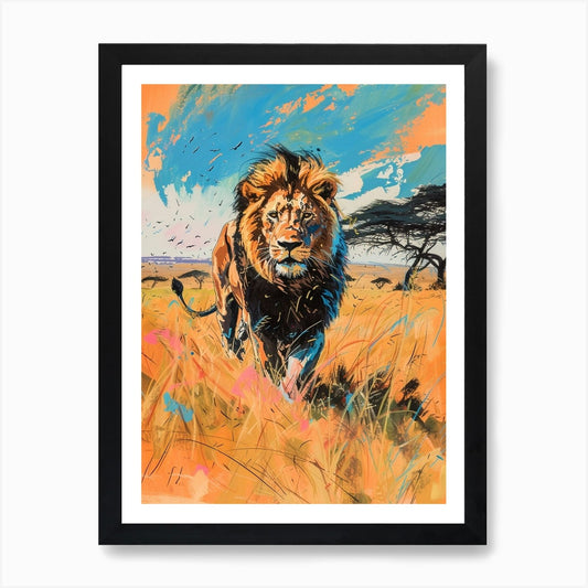 Masai Lion Hunting In The Savannah  Framed Wall Art Poster Canvas Print Picture