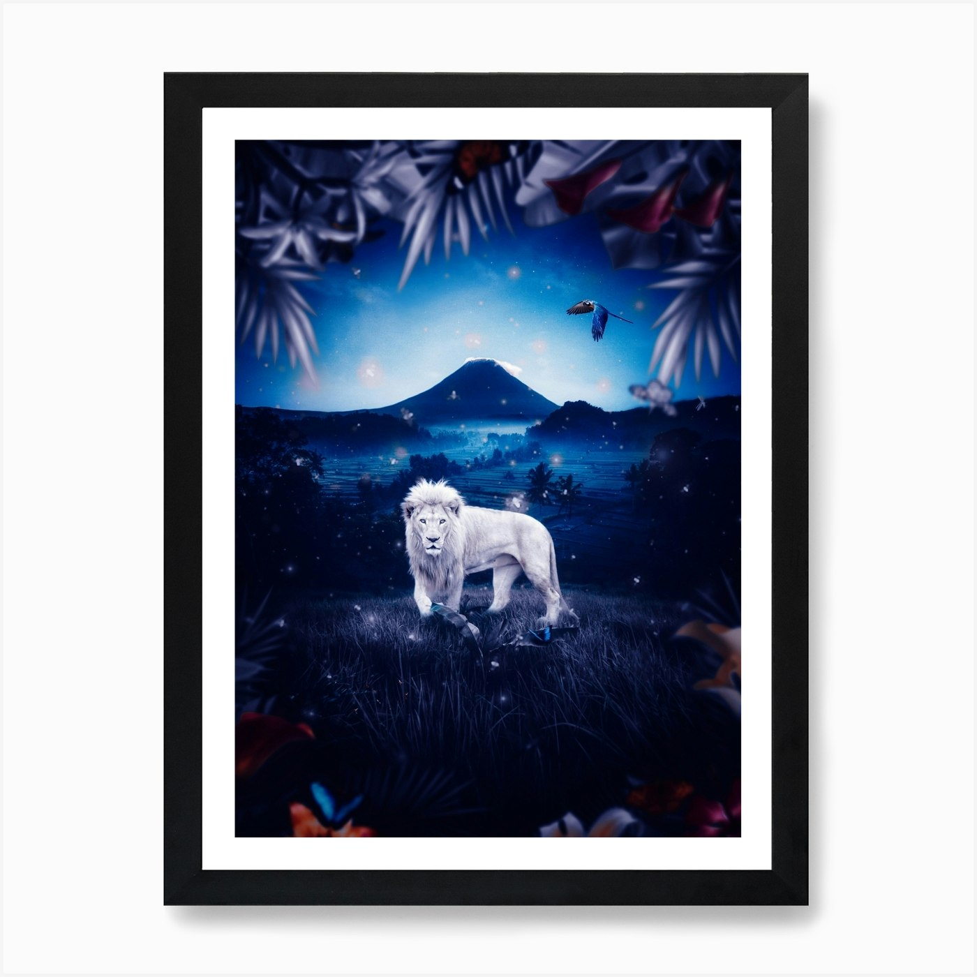 White Lion In Blue Jungle Art Print Framed Wall Art Poster Canvas Print Picture