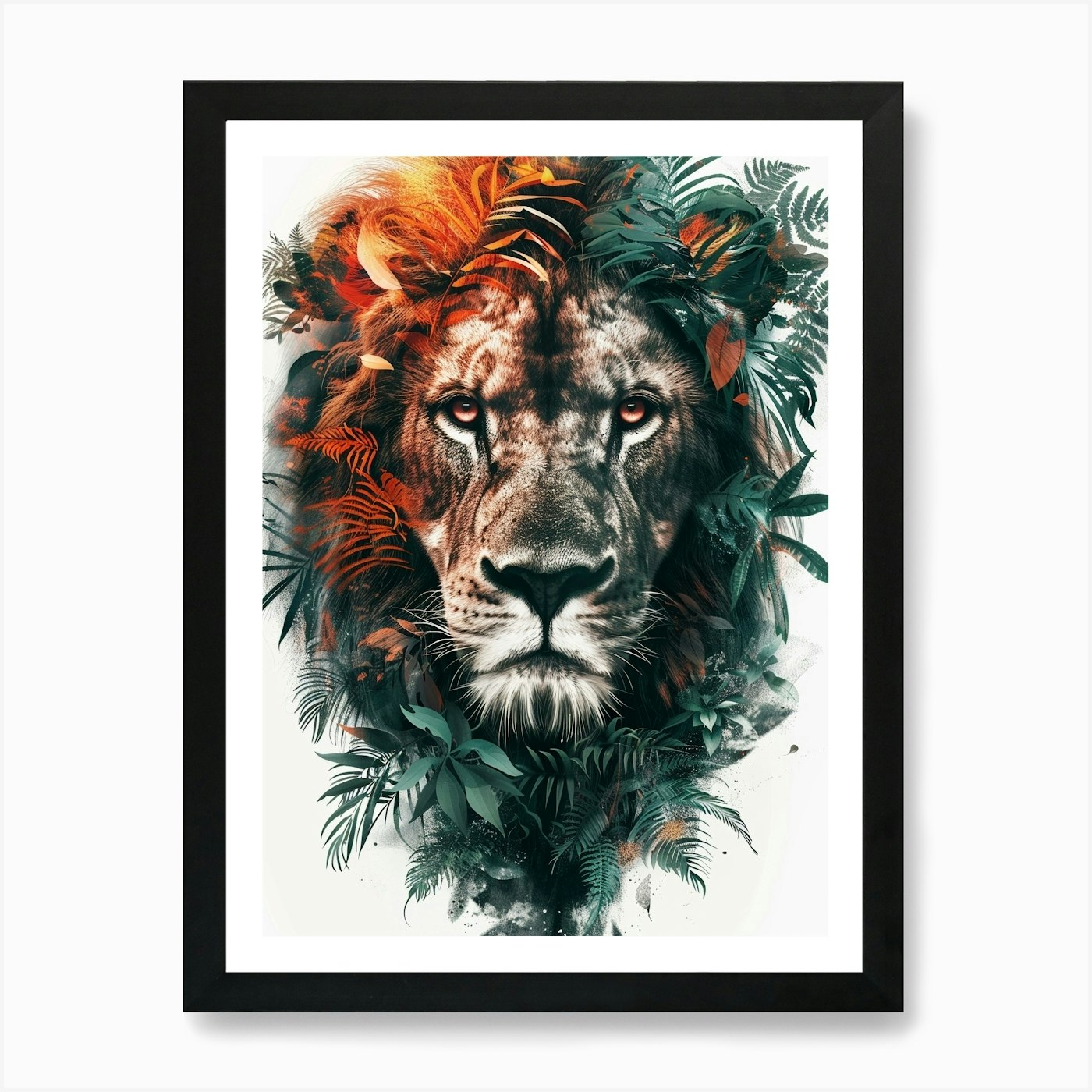 Double Exposure Realistic Lion With Framed Wall Art Poster Canvas Print Picture