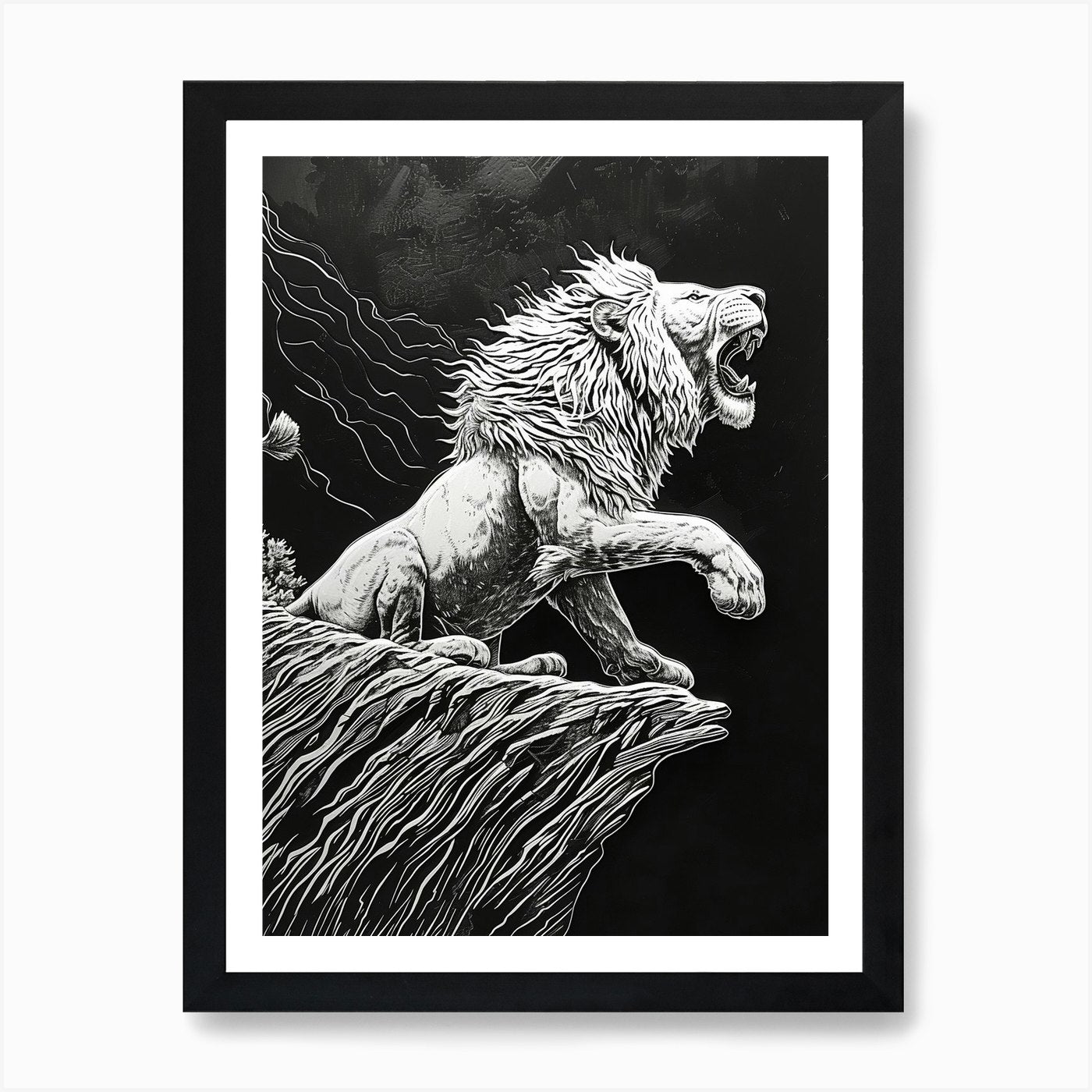 African Lion Relief Illustration Ro Framed Wall Art Poster Canvas Print Picture
