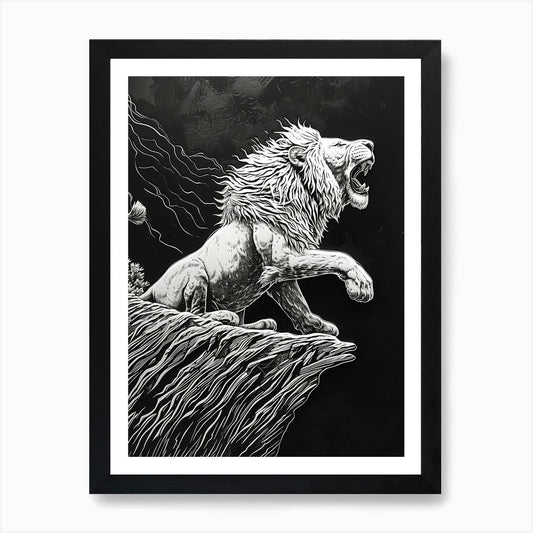 African Lion Relief Illustration Ro Framed Wall Art Poster Canvas Print Picture