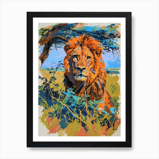 Masai Lion Hunting In The Savannah  Framed Wall Art Poster Canvas Print Picture