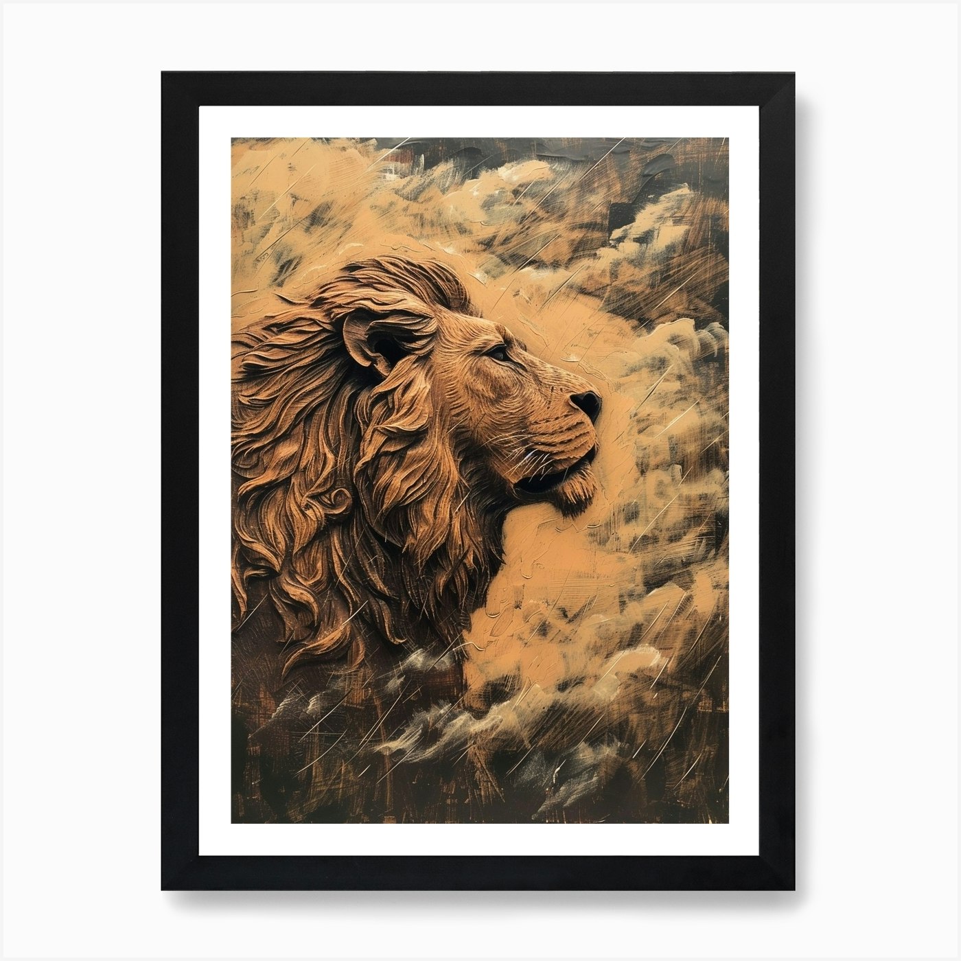 African Lion Relief Illustration Wa Framed Wall Art Poster Canvas Print Picture