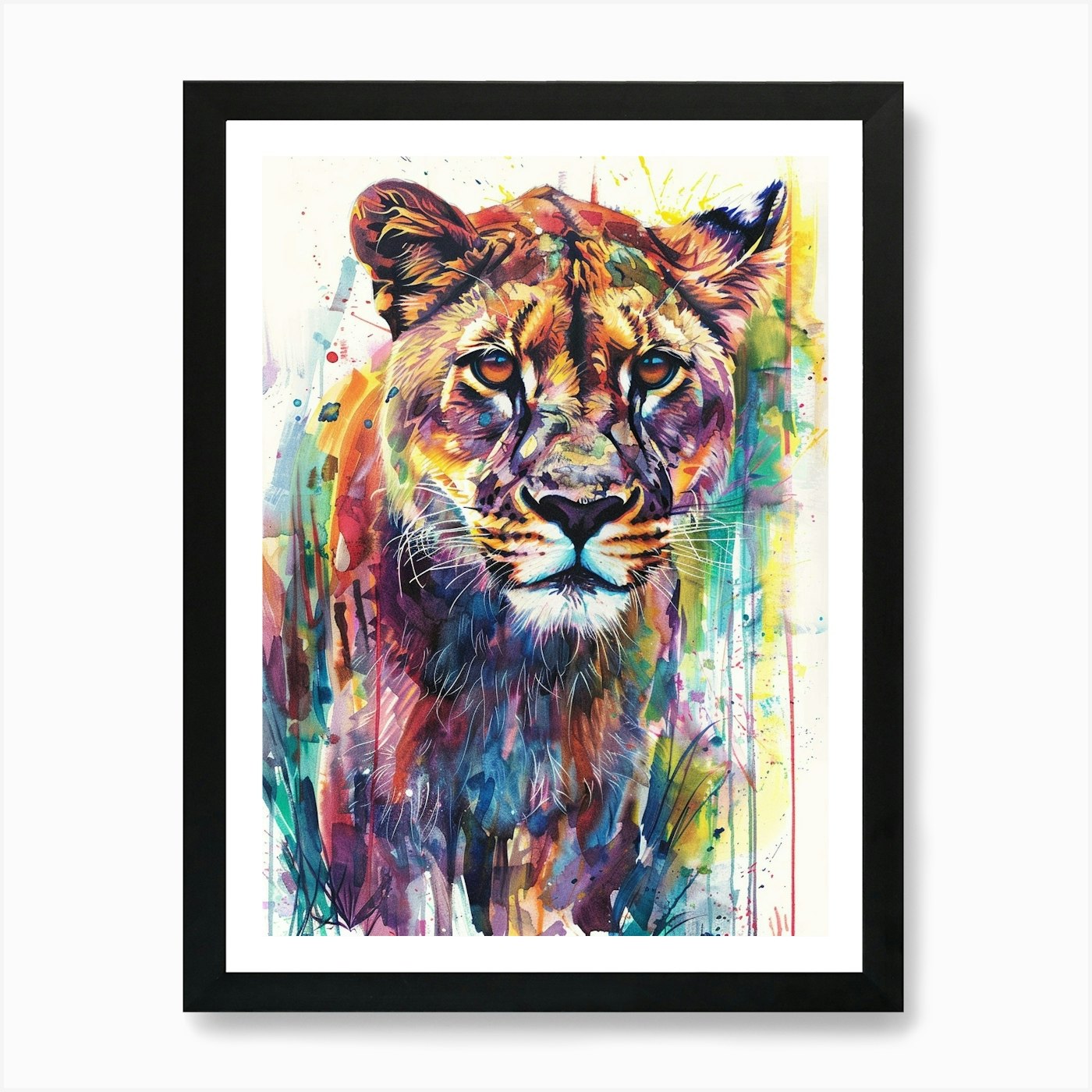 Mountain Lion Colourful Watercolour Framed Wall Art Poster Canvas Print Picture