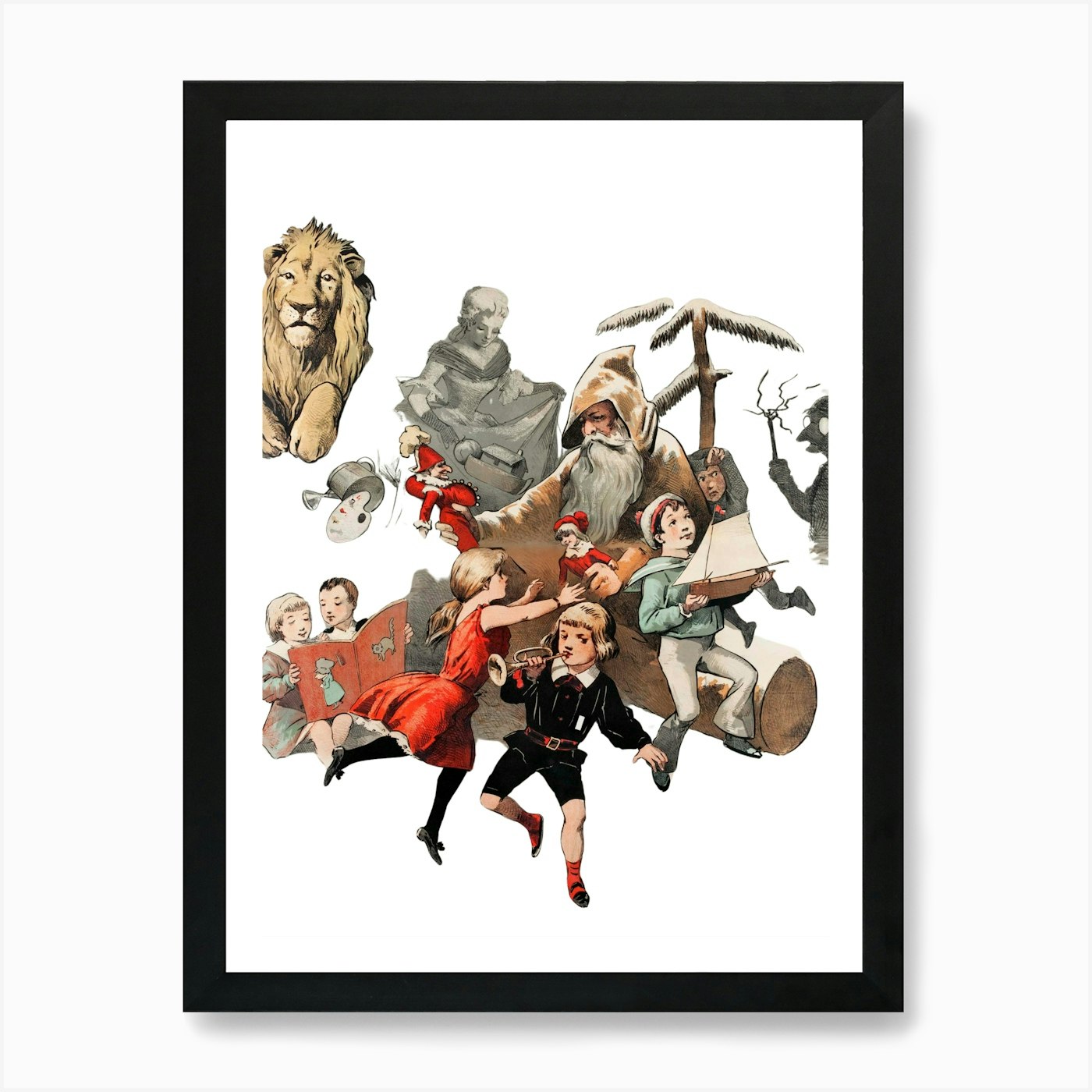 kids and lions Art Print Framed Wall Art Poster Canvas Print Picture