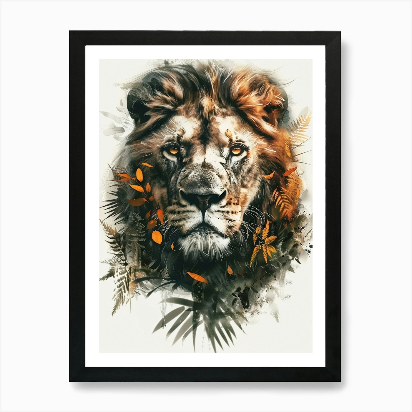 Double Exposure Realistic Lion With Framed Wall Art Poster Canvas Print Picture