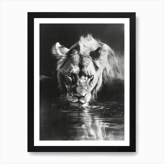 African Lion Charcoal Drawing Drink Framed Wall Art Poster Canvas Print Picture