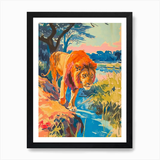 Asiatic Lion Hunting In The Savanna Framed Wall Art Poster Canvas Print Picture