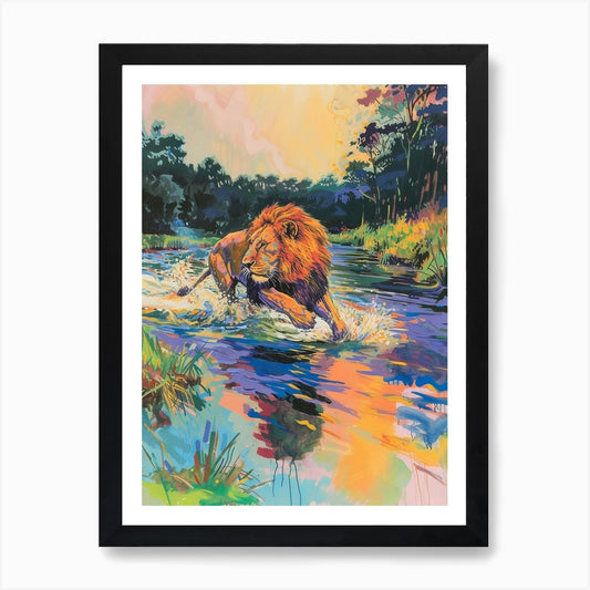 Transvaal Lion Crossing A River Fau Framed Wall Art Poster Canvas Print Picture