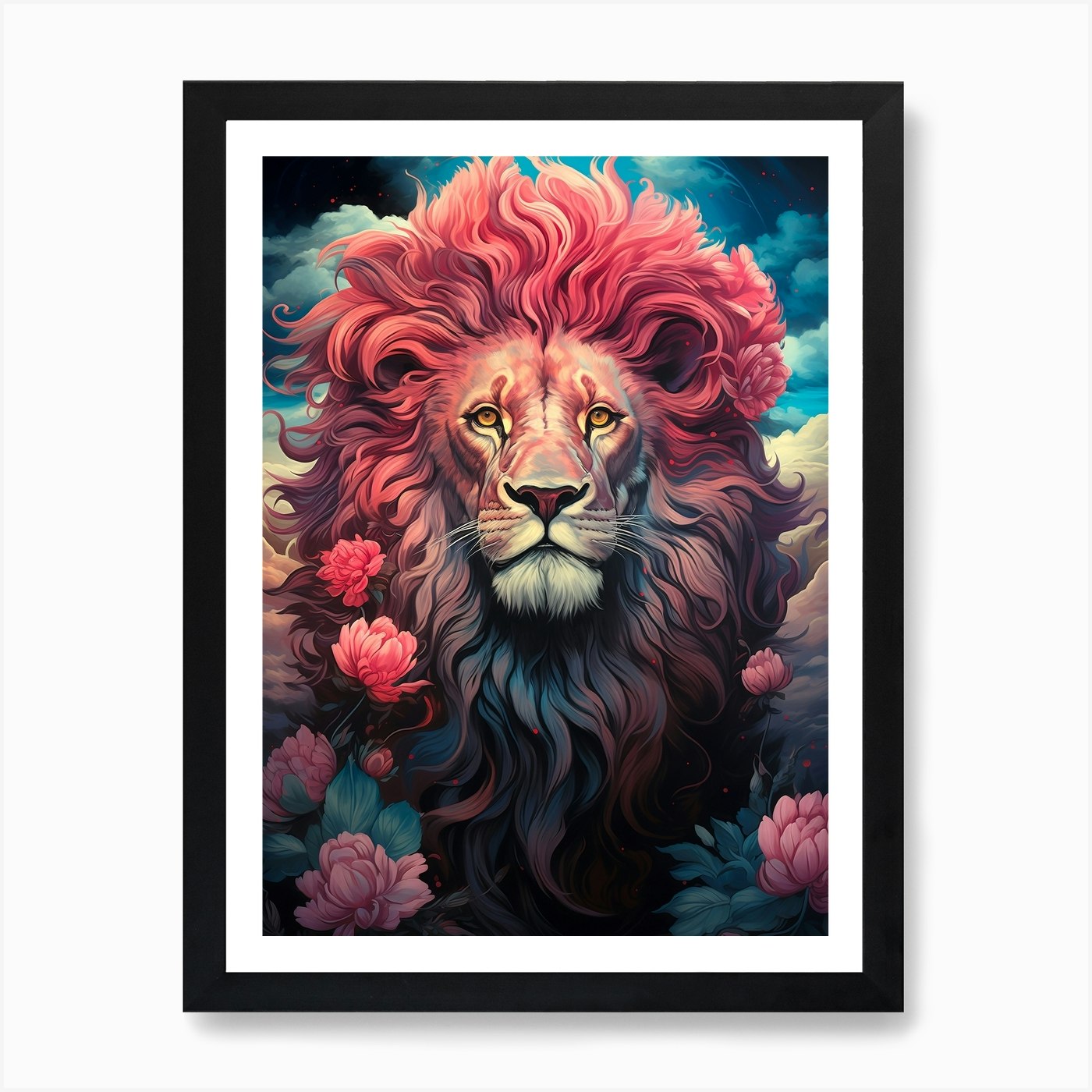 Lion With Flowers Art Print Framed Wall Art Poster Canvas Print Picture
