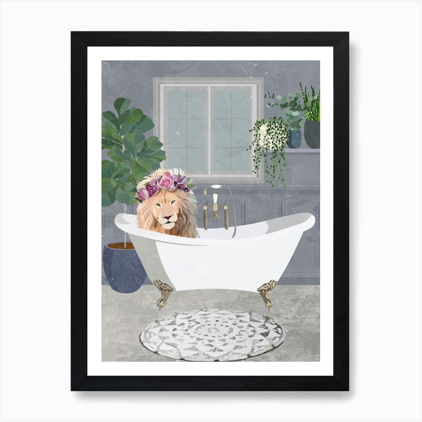 Lion In The Bath 1 Art Print Framed Wall Art Poster Canvas Print Picture