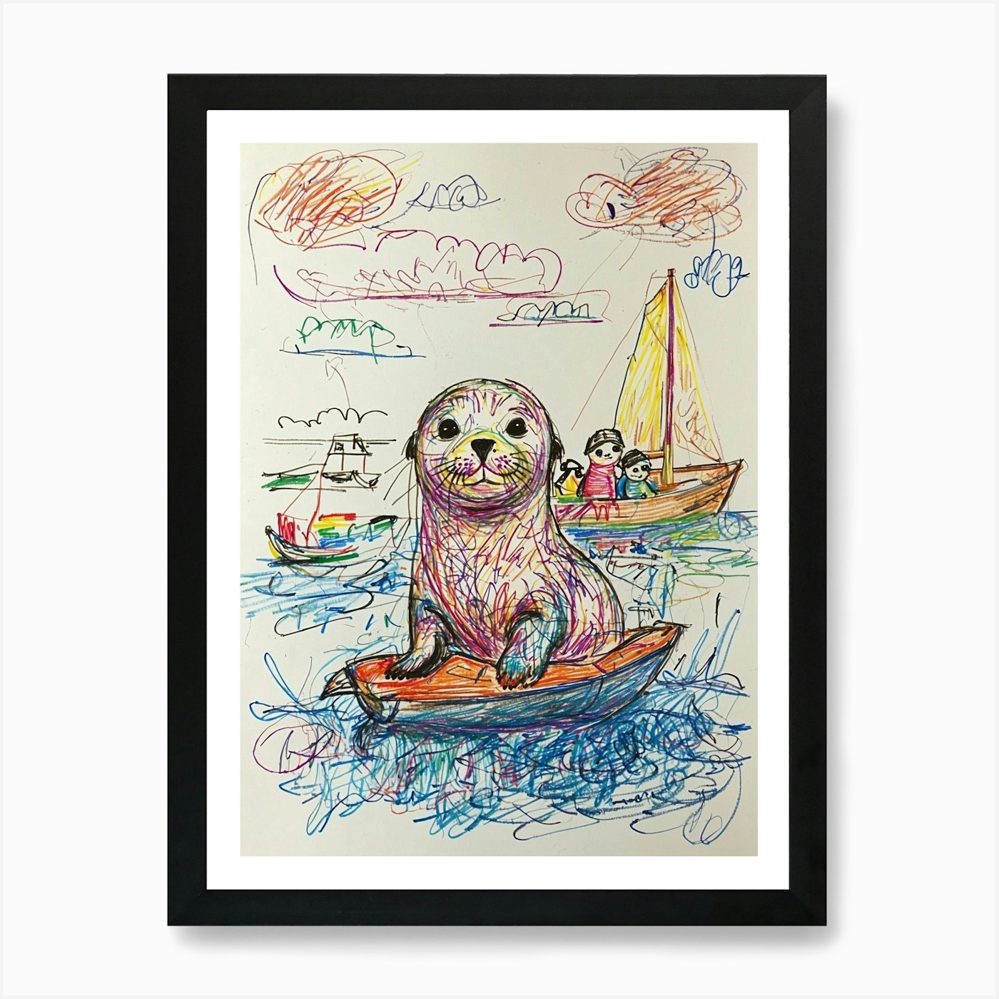 Sea Lion In A Boat Art Print Framed Wall Art Poster Canvas Print Picture