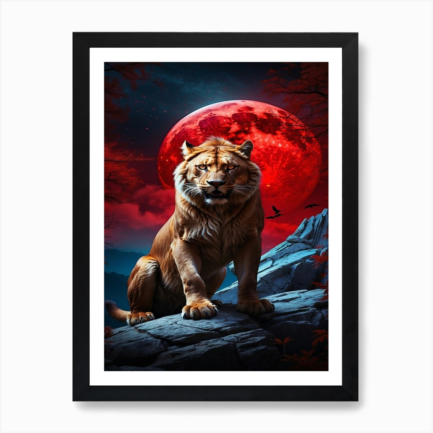 Lion In The Moonlight Art Print Framed Wall Art Poster Canvas Print Picture