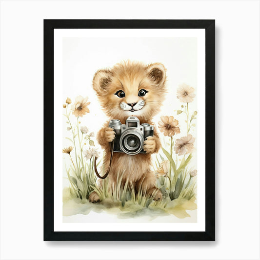 Taking Photos Watercolour Lion Art  Framed Wall Art Poster Canvas Print Picture