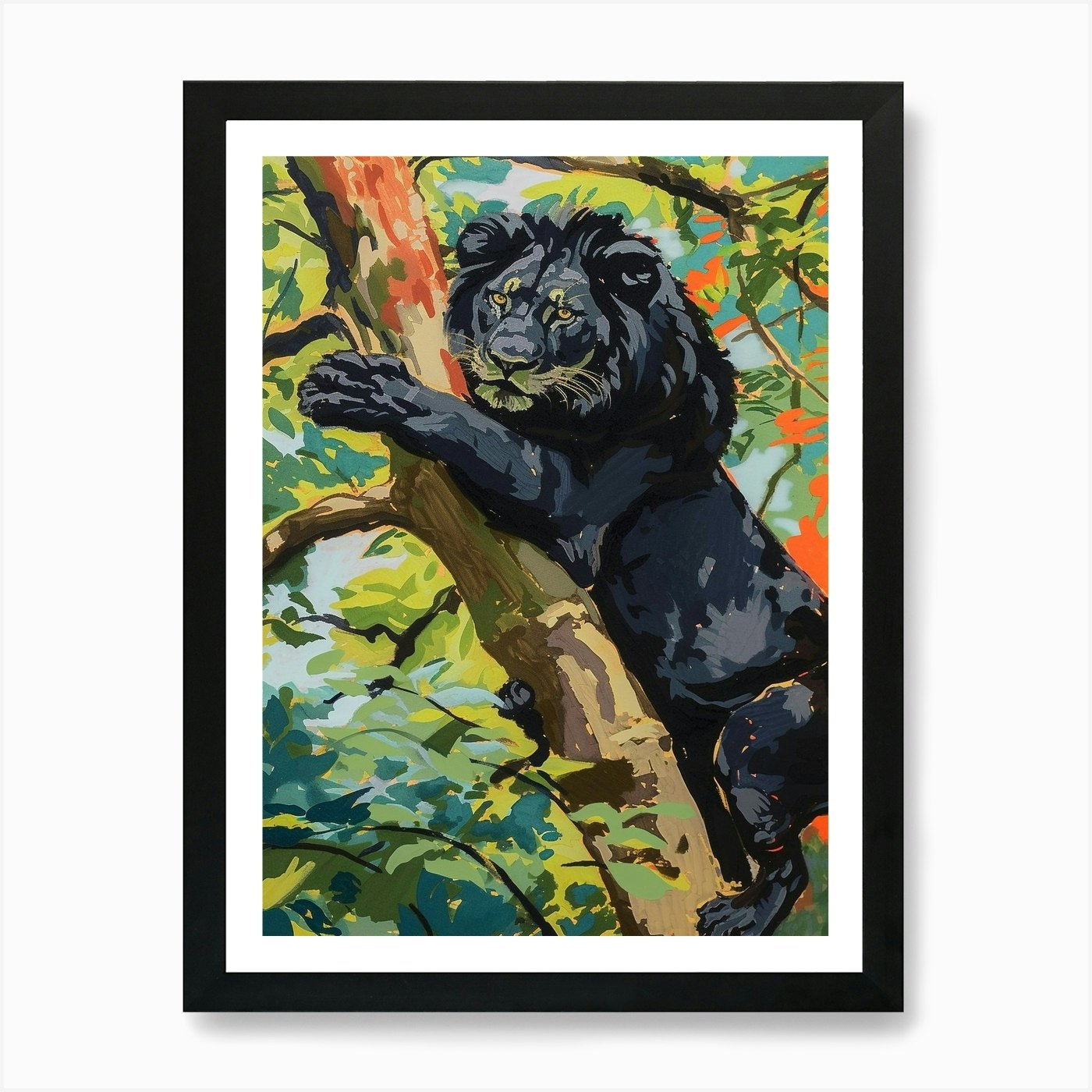 Black Lion Climbing A Tree Fauvist  Framed Wall Art Poster Canvas Print Picture