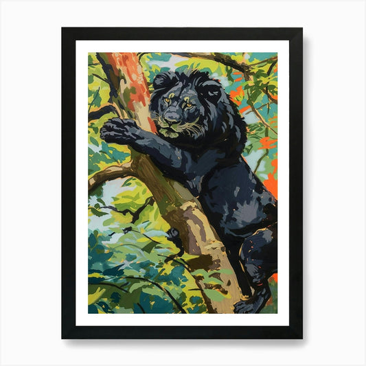 Black Lion Climbing A Tree Fauvist  Framed Wall Art Poster Canvas Print Picture