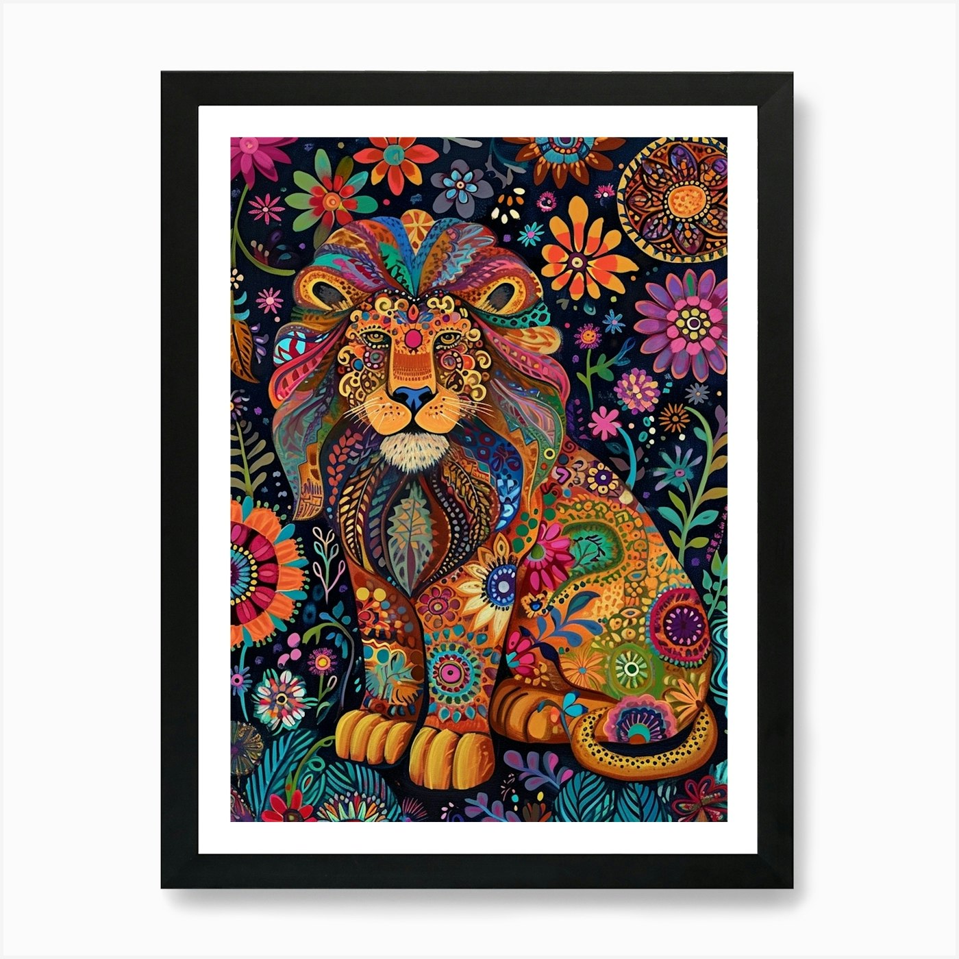 Folk Pattern Lion 1 Art Print Framed Wall Art Poster Canvas Print Picture