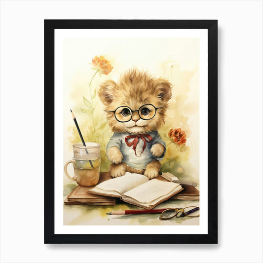 Writing Watercolour Lion Art Painti Framed Wall Art Poster Canvas Print Picture