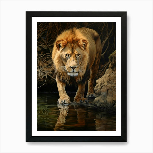 African Lion Drinking From A Stream Framed Wall Art Poster Canvas Print Picture
