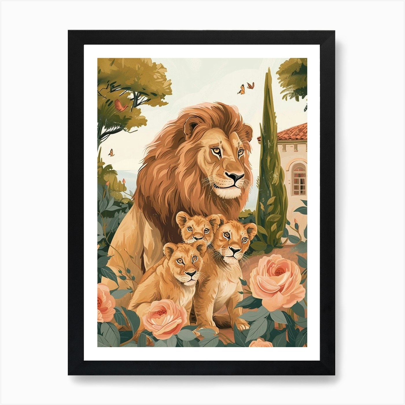 Barbary Lion Family Bonding Illutra Framed Wall Art Poster Canvas Print Picture