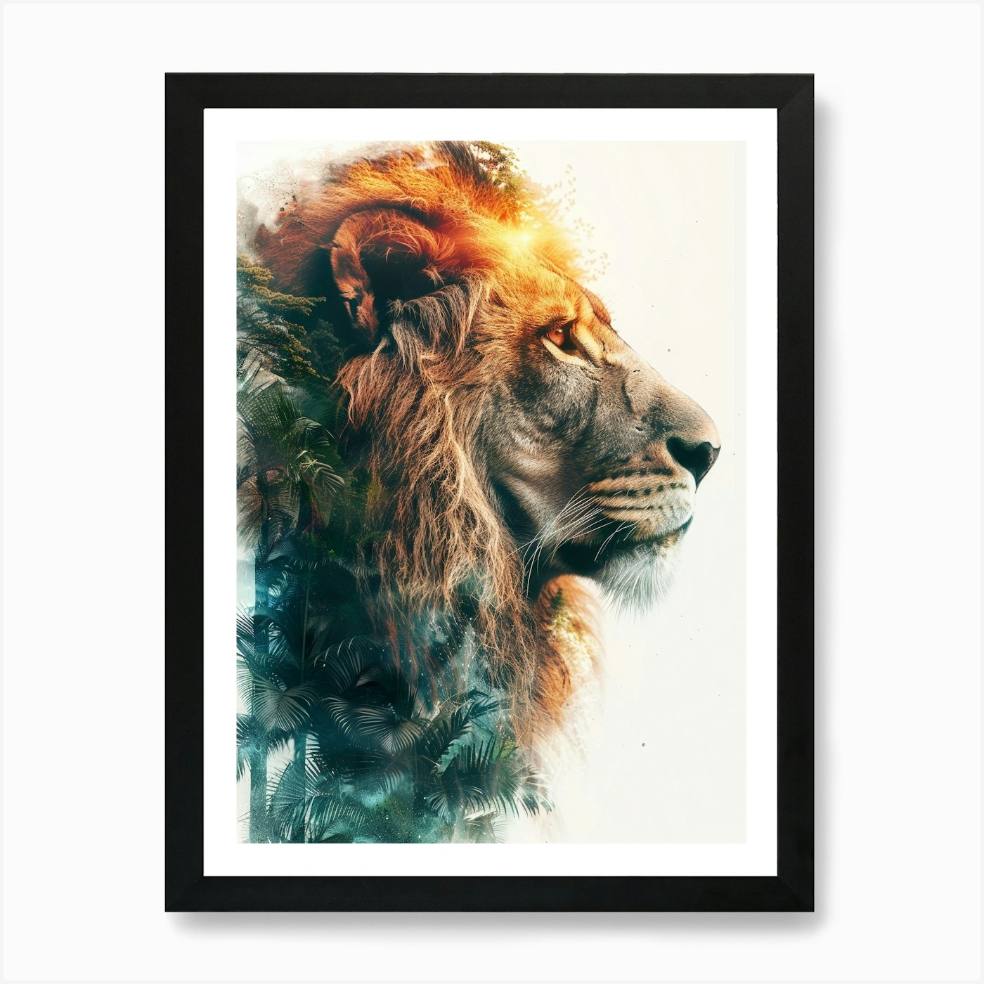 Double Exposure Realistic Lion With Framed Wall Art Poster Canvas Print Picture