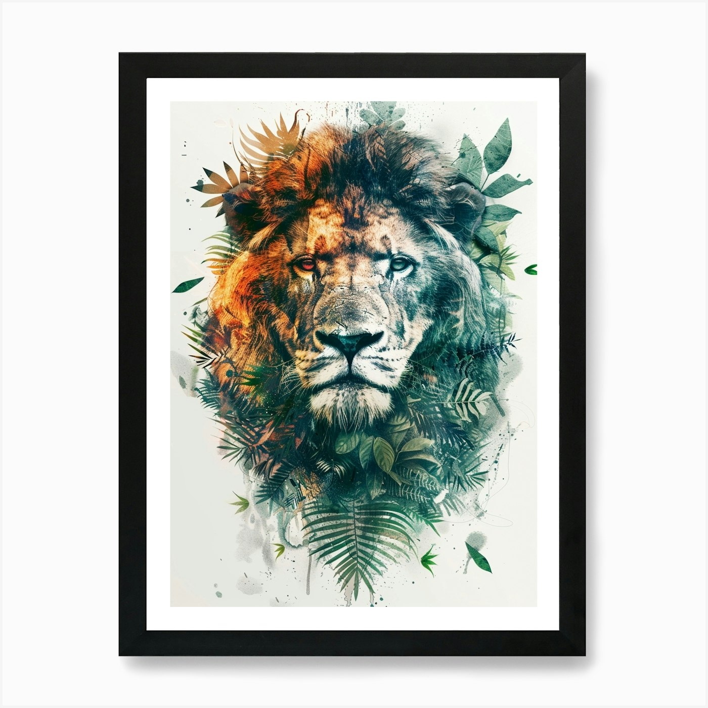 Double Exposure Realistic Lion With Framed Wall Art Poster Canvas Print Picture