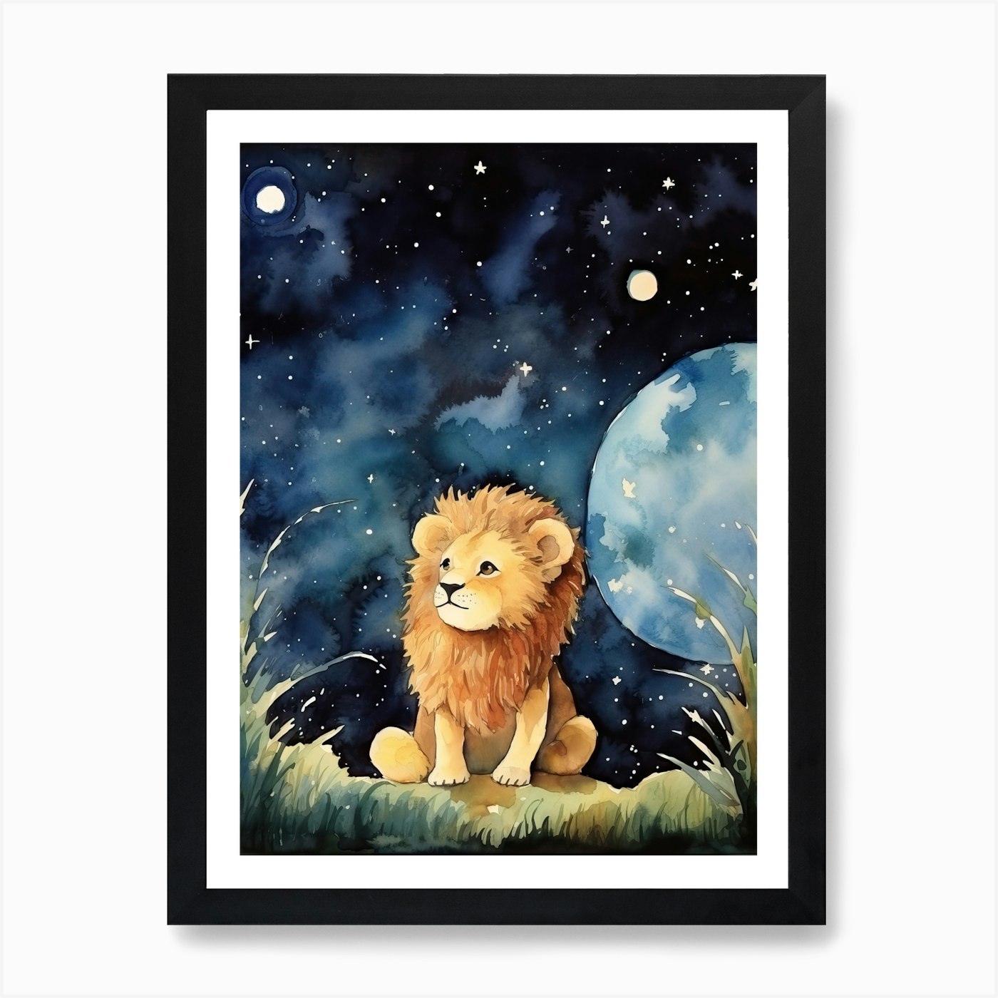 Stargazing Watercolour Lion Art Pai Framed Wall Art Poster Canvas Print Picture