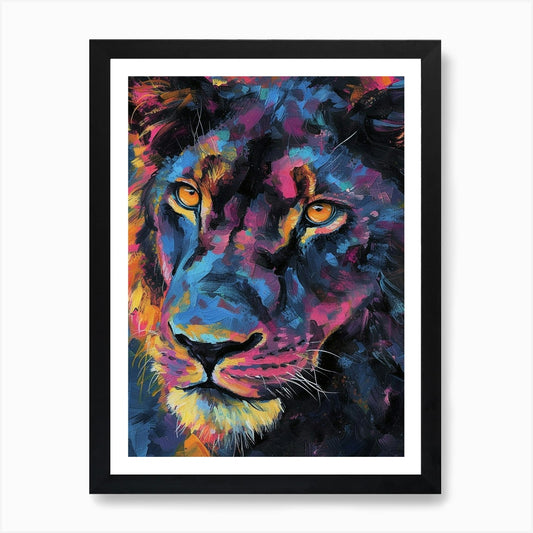 Black Lion Portrait Close Up Fauvis Framed Wall Art Poster Canvas Print Picture