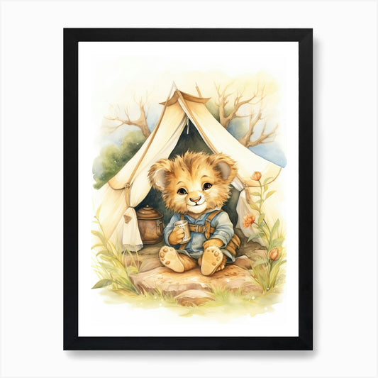 Camping Watercolour Lion Art Painti Framed Wall Art Poster Canvas Print Picture