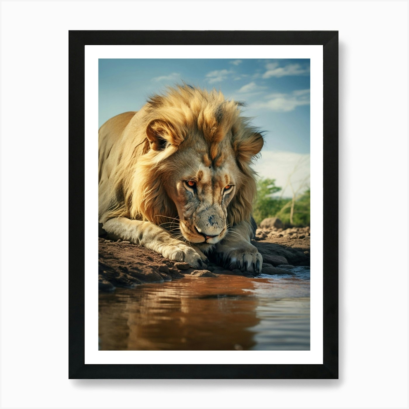 African Lion Drinking Water Realism Framed Wall Art Poster Canvas Print Picture