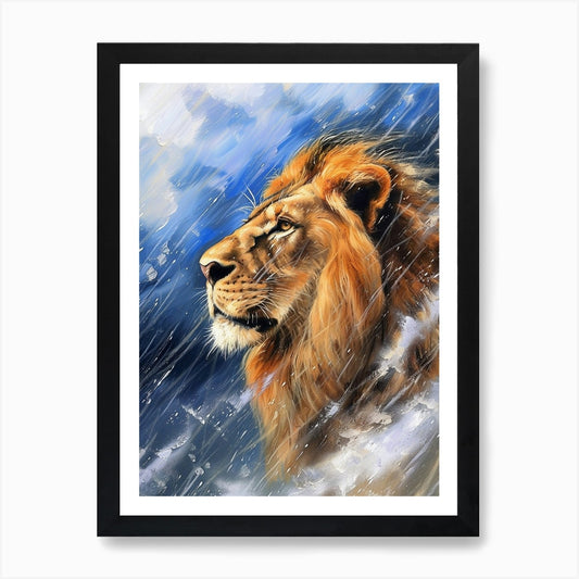 African Lion Facing A Storm Acrylic Framed Wall Art Poster Canvas Print Picture