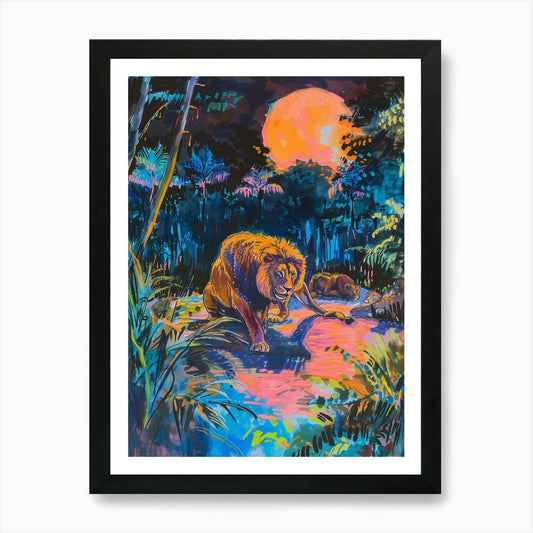 Masai Lion Night Hunt Fauvist Paint Framed Wall Art Poster Canvas Print Picture