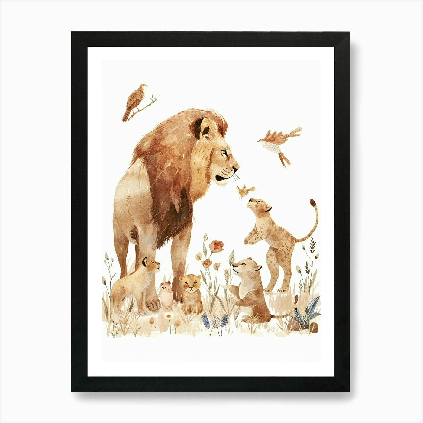 African Lion Interaction With Other Framed Wall Art Poster Canvas Print Picture